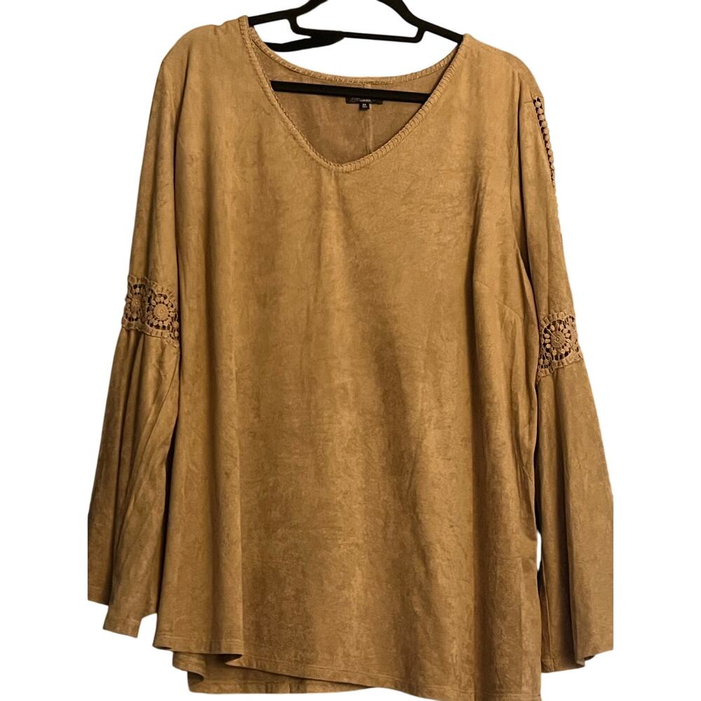 Hannah Plus Size 2X Tan Suede Feel Top Lace Detail Long Bell Sleeves Boho Chic